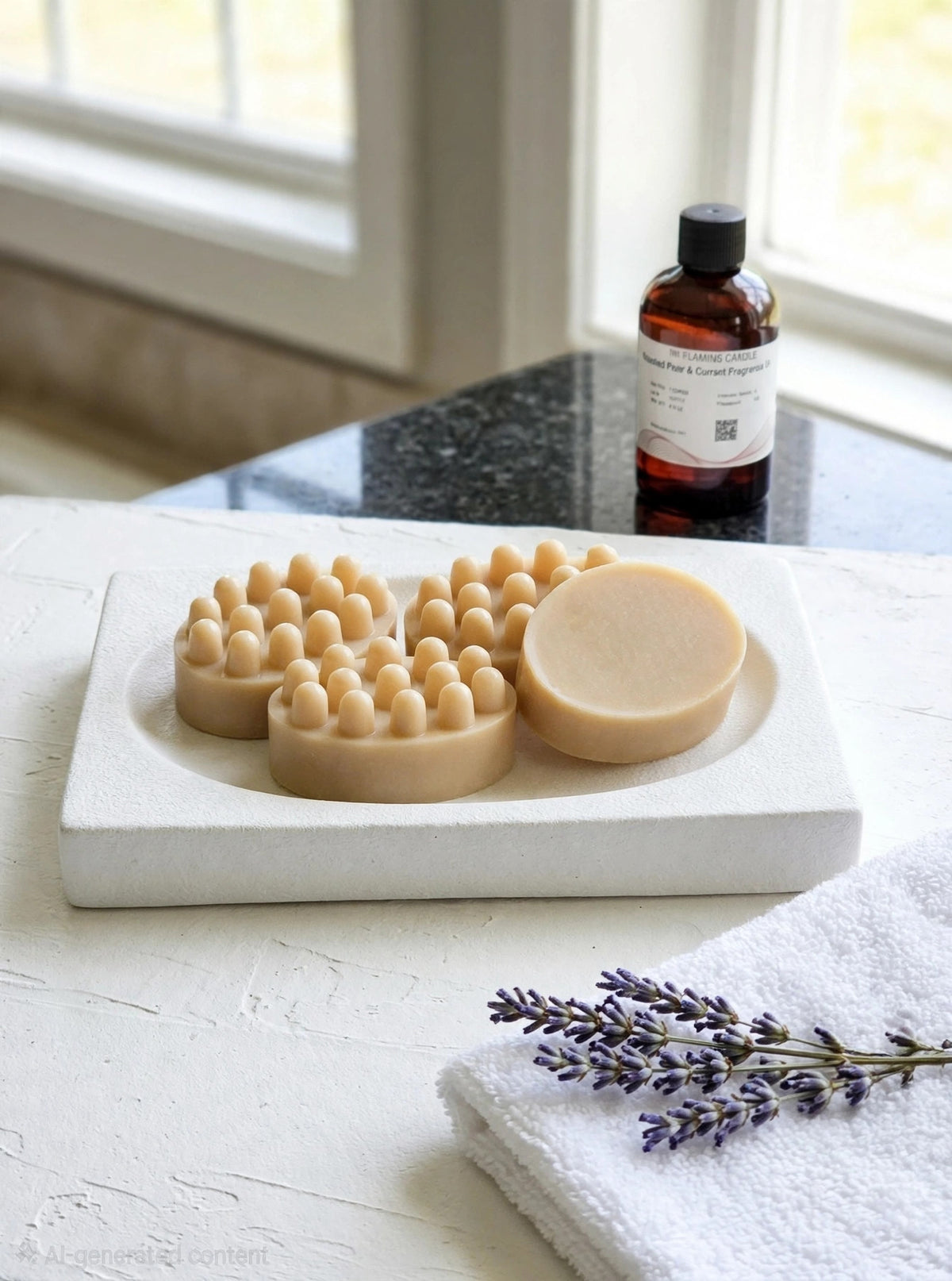 Cashmere Cedar artisan massage soap bars in warm natural beige on a white stone tray with lavender