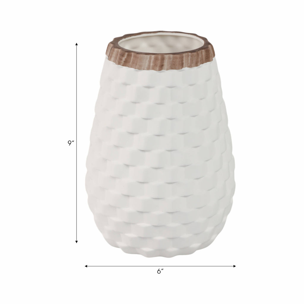 A white textured ceramic planter with a ribbed, honeycomb-like pattern and a brown rim, shown with dimension lines indicating a height of 9 inches and a width of 6 inches.