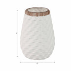 A white textured ceramic planter with a ribbed, honeycomb-like pattern and a brown rim, shown with dimension lines indicating a height of 9 inches and a width of 6 inches.