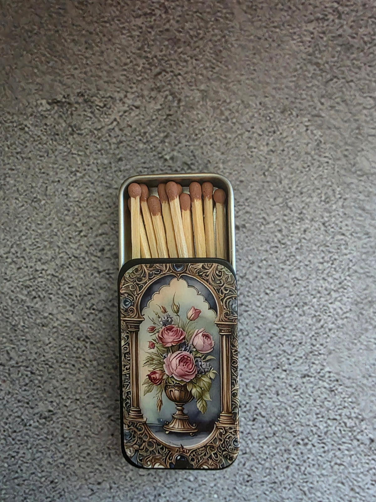 Vintage Floral Metal Matchbox with Classic Rose Art (20 Count, 2 Inches)