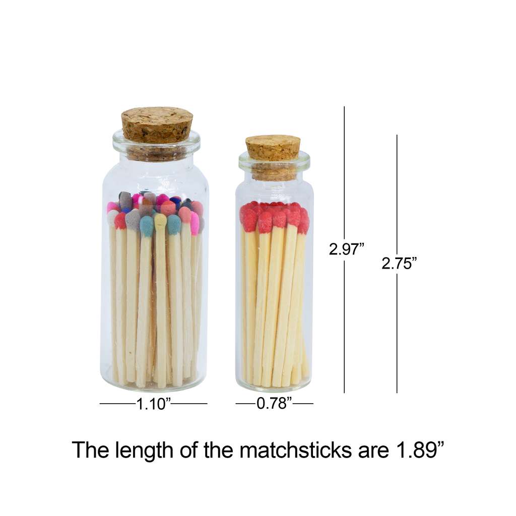 Two glass jars with cork lids containing colorful and plain matches, with measurements displayed.