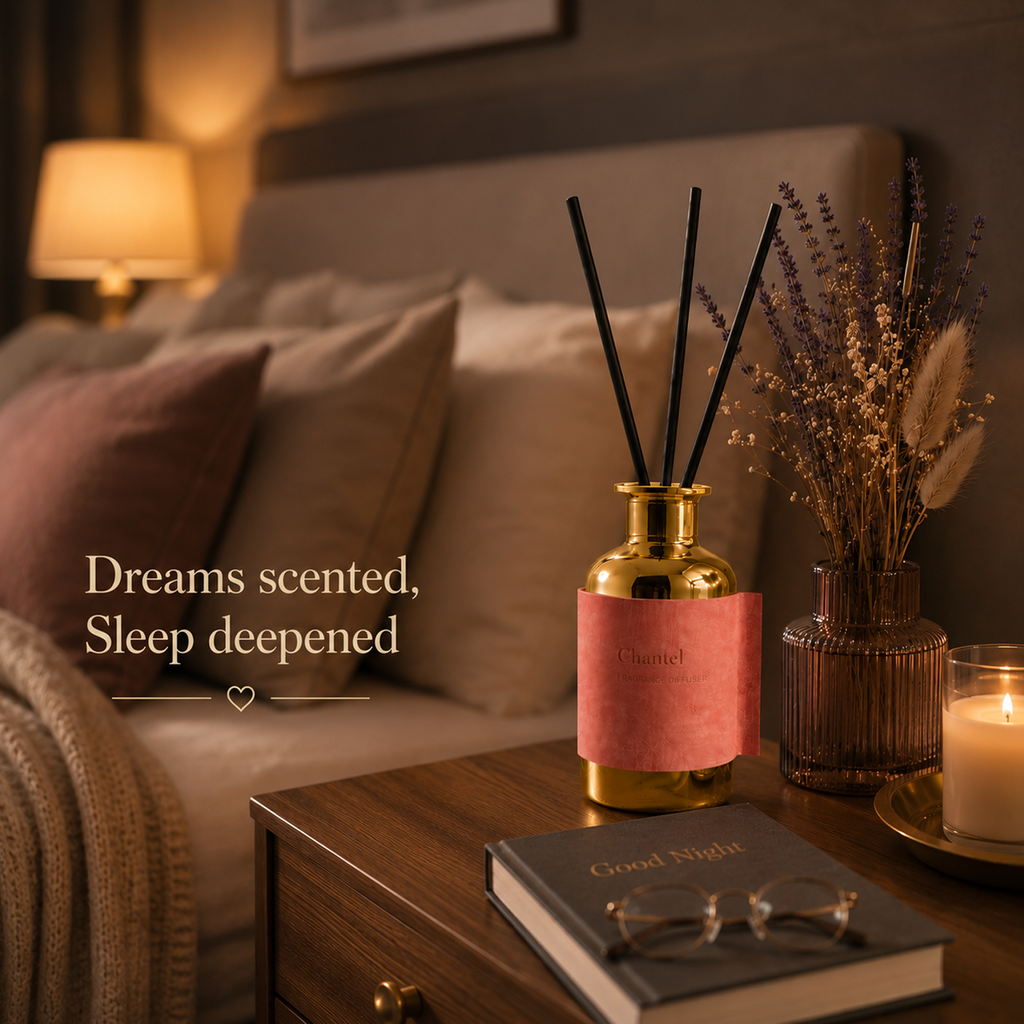 A gold reed diffuser bottle with a pink label and black reeds sits on a wooden bedside table in a cozy bedroom setting. A book, glasses, dried flowers, and a lit candle are nearby, with warm ambient lighting and the text 'Dreams scented, Sleep deepened' on the left.