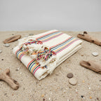 Beige blanket with colorful striped border and tassels on a white background
