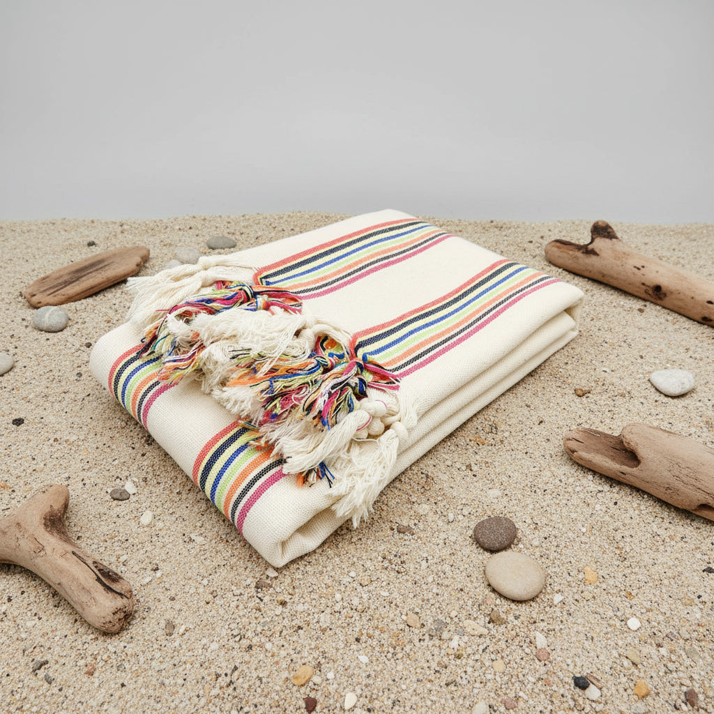 Beige blanket with colorful striped border and tassels on a white background