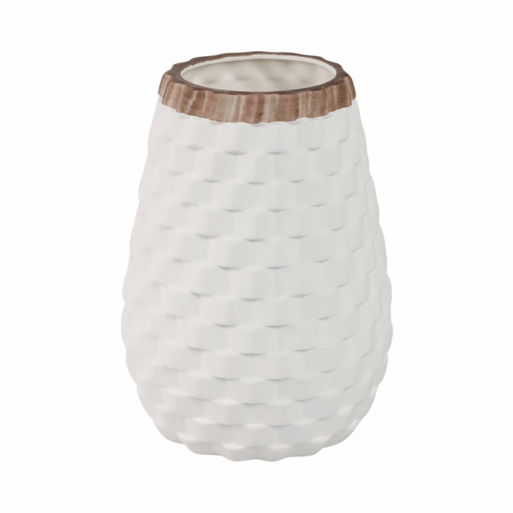 White textured vase with a wooden accent on a white background