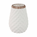 White textured vase with a wooden accent on a white background