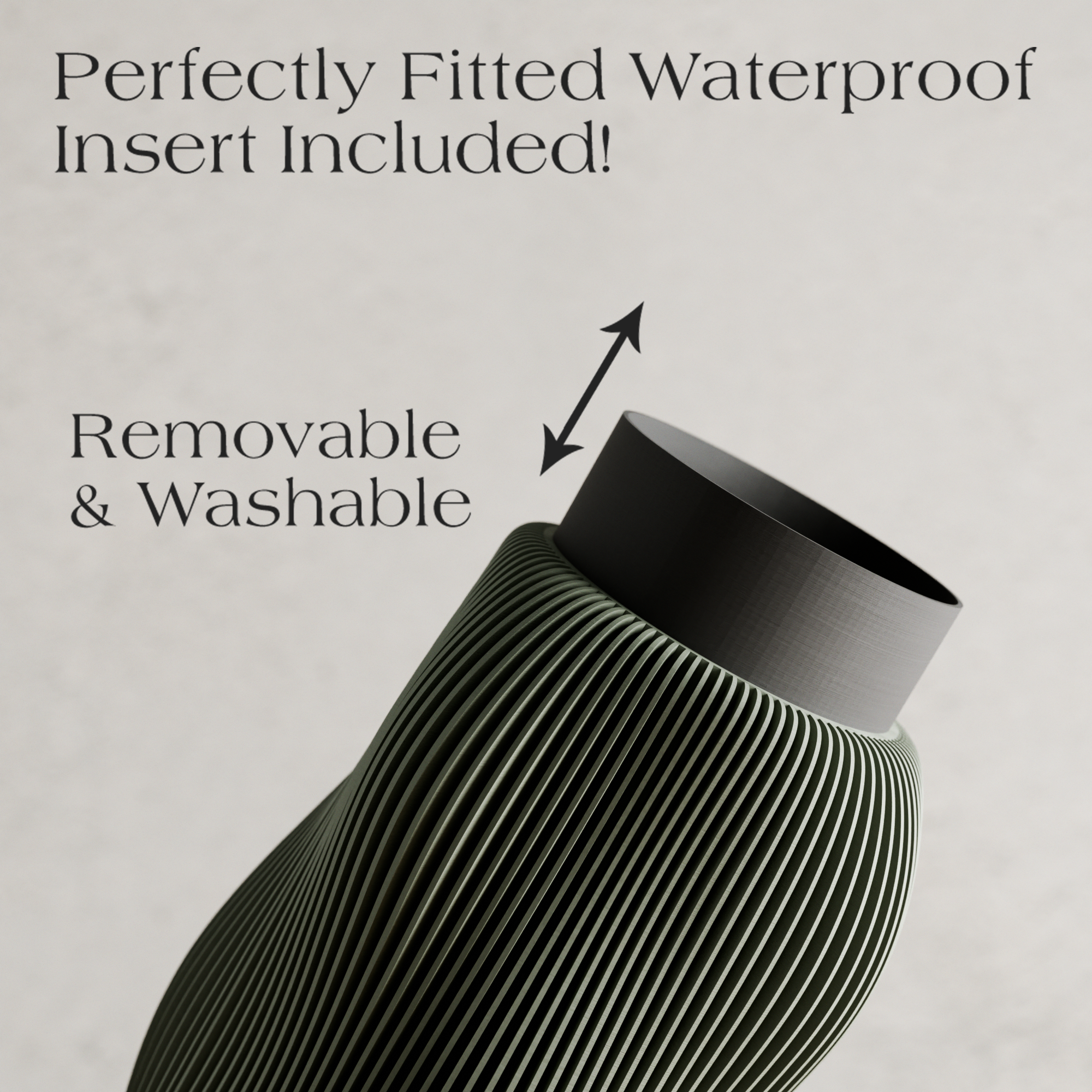 Product with text about a perfectly fitted waterproof insert, removable, and washable feature.