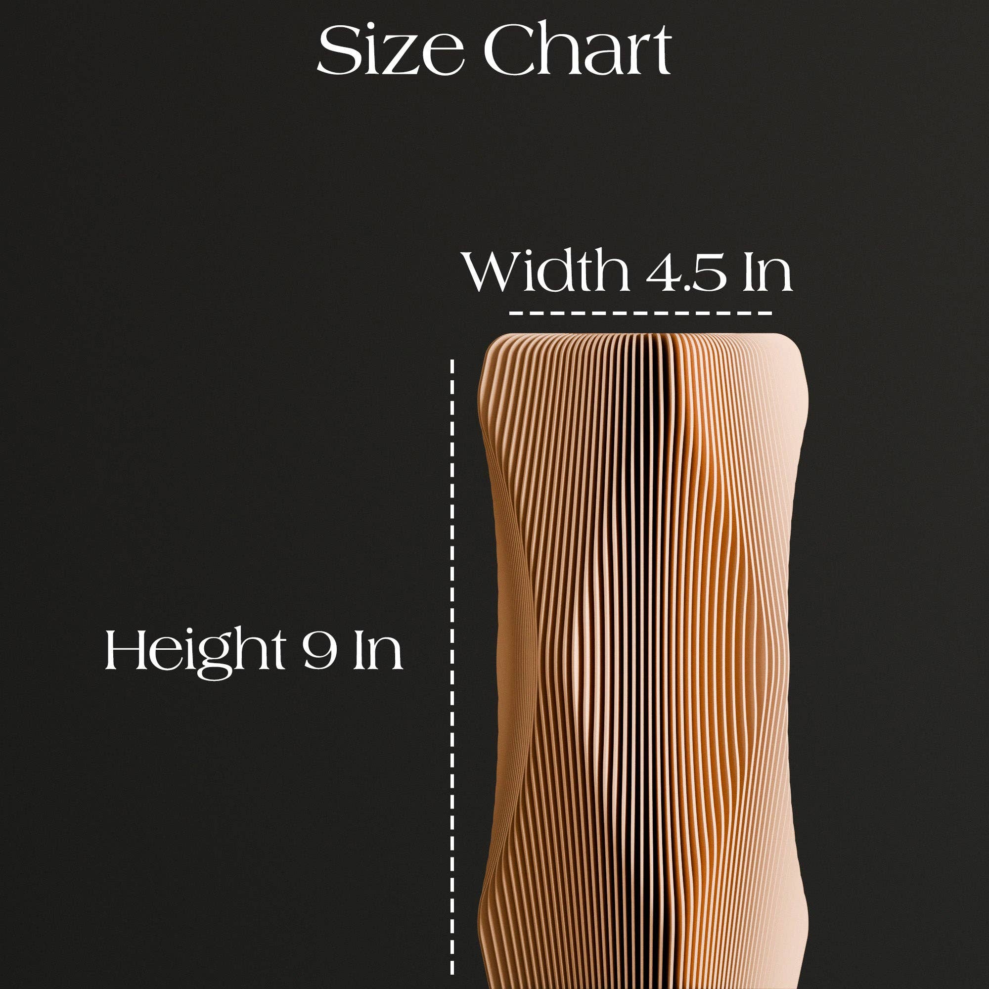 Size chart showing a wooden product with dimensions labeled on a black background