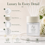 A frosted glass reed diffuser bottle labeled 'FROZEN PEAR' shown beside four callout graphics describing premium fiber reeds, a matte cap, minimal frosted glass, and clean label design. The image has decorative flowers and the headline 'Luxury In Every Detail' on a soft beige background.
