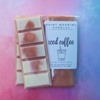Iced Coffee (Coffee & Cream) soy wax melt snap bar in clear packaging with the Rainy Morning Candles label; white wax with coffee-brown swirls on a pink and blue background.
