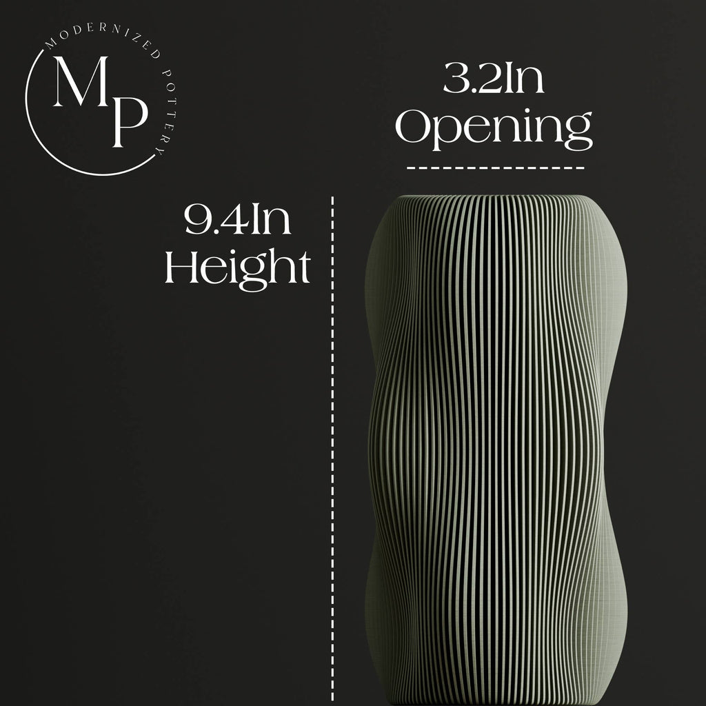 Green stool with measurements and 'Modernized Pottery' branding on a black background