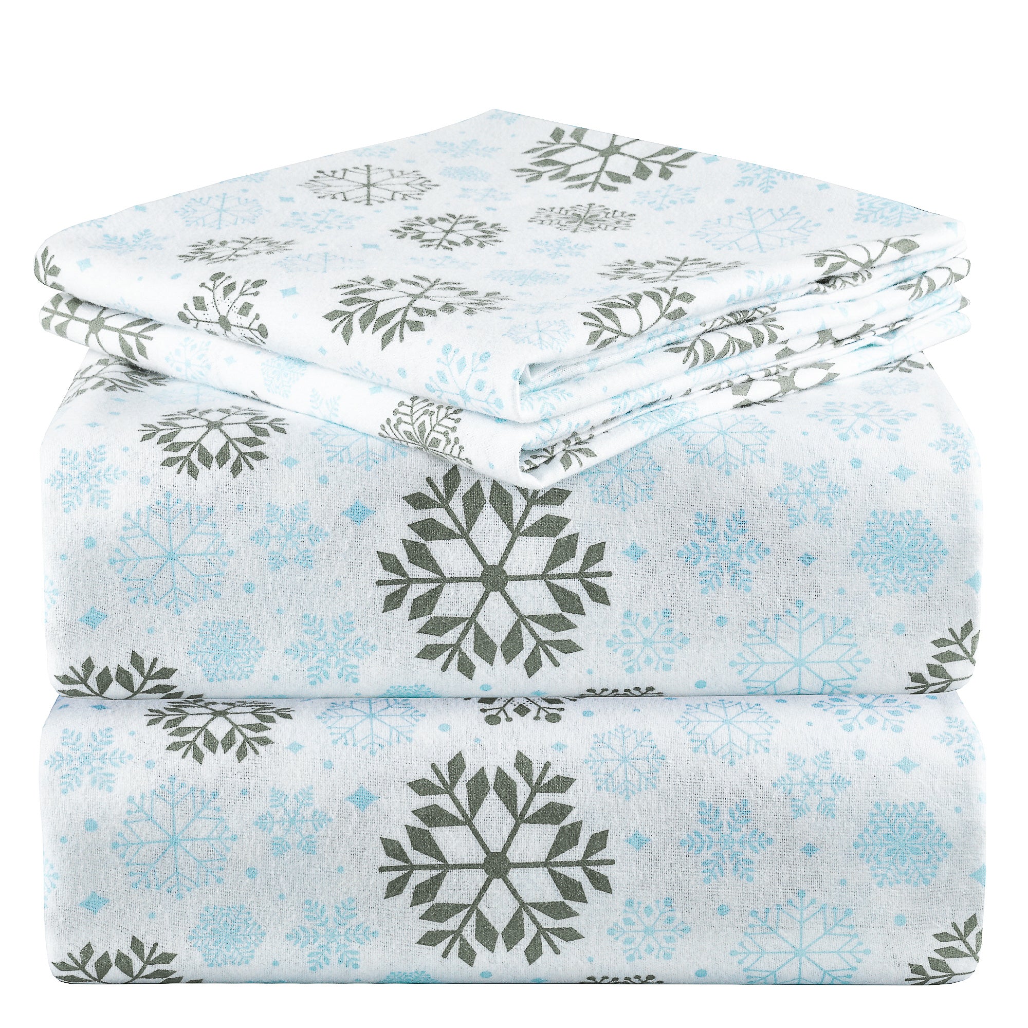 A stack of three folded bedding pieces, likely a sheet set, featuring a white background with a repeating snowflake pattern in light blue and dark gray.