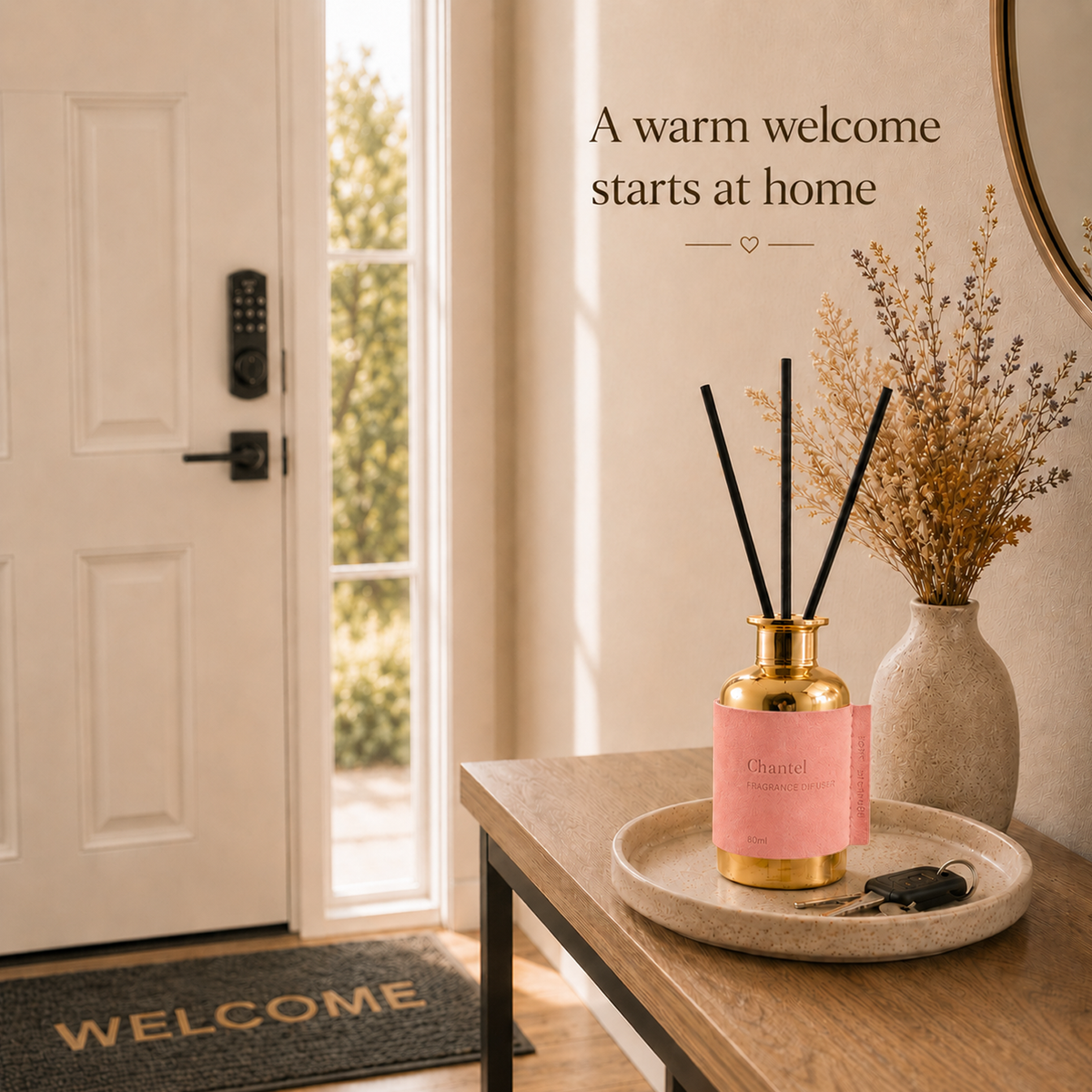 A pink reed diffuser bottle with gold accents and black reeds sits on a stone tray on a wooden console table in a warmly lit entryway. A beige vase with dried flowers, a white door, and the text 'A warm welcome starts at home' are visible.