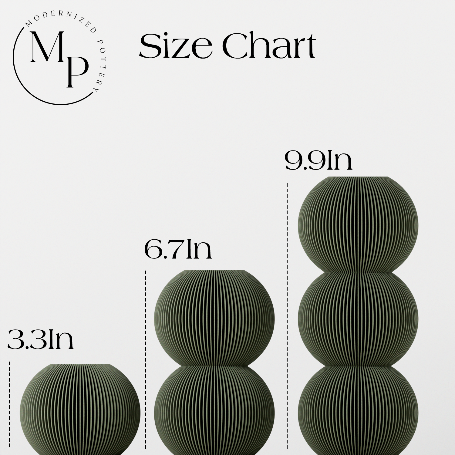 Size chart showing the dimensions of spherical objects with measurements in inches, branded 'Modernized Polish'.
