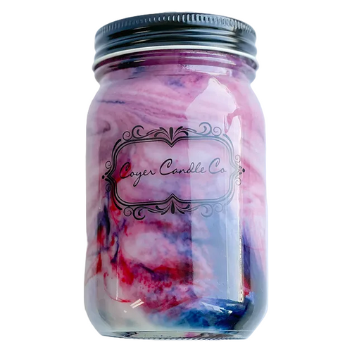 A mason jar candle with a black metal lid, featuring a marbled wax design in pink, purple, and blue. The front label reads 'Cozy Candle Co.