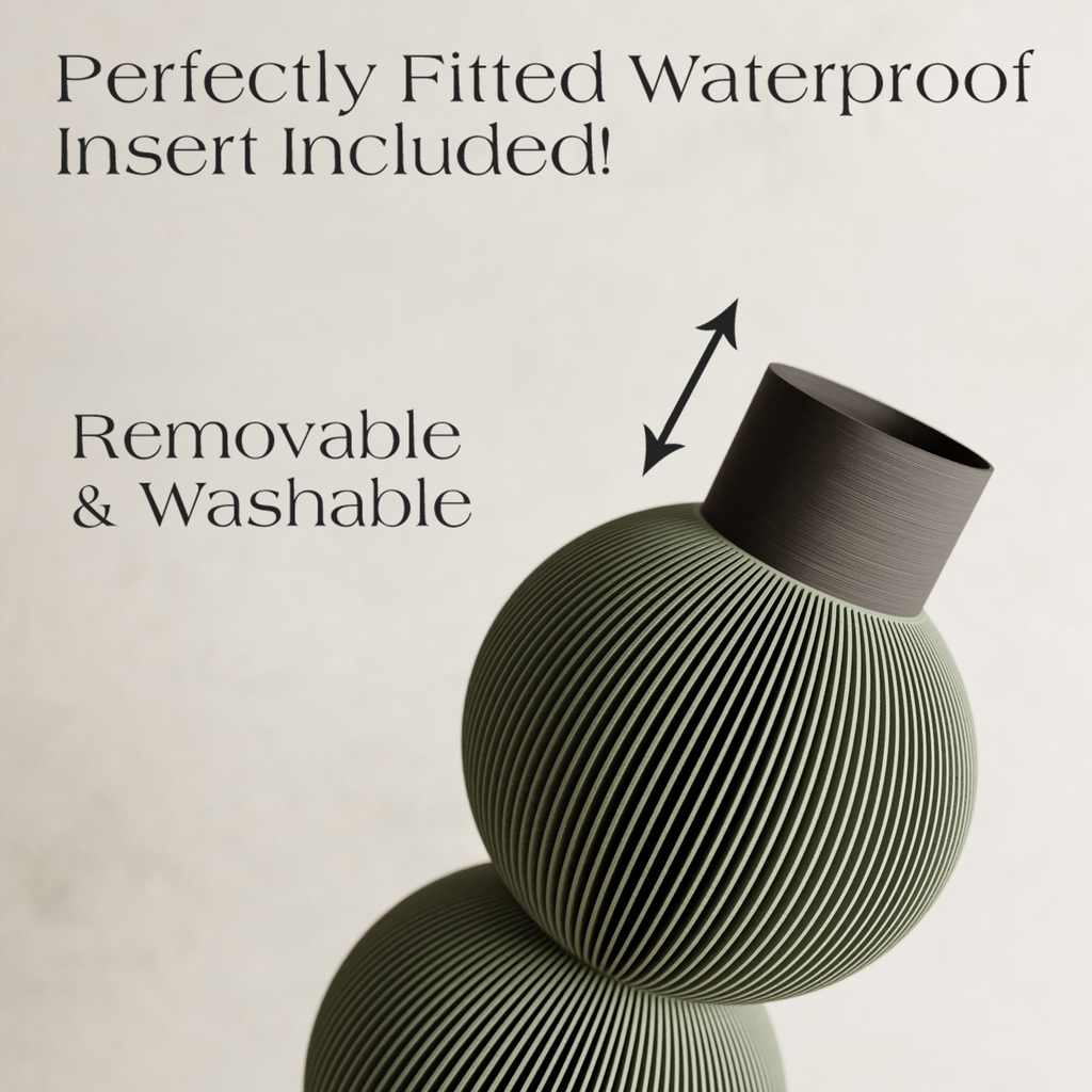 Decorative vase with text about a waterproof insert, removable, and washable feature.