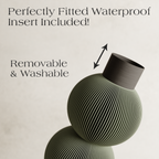 Decorative vase with text about a waterproof insert, removable, and washable feature.
