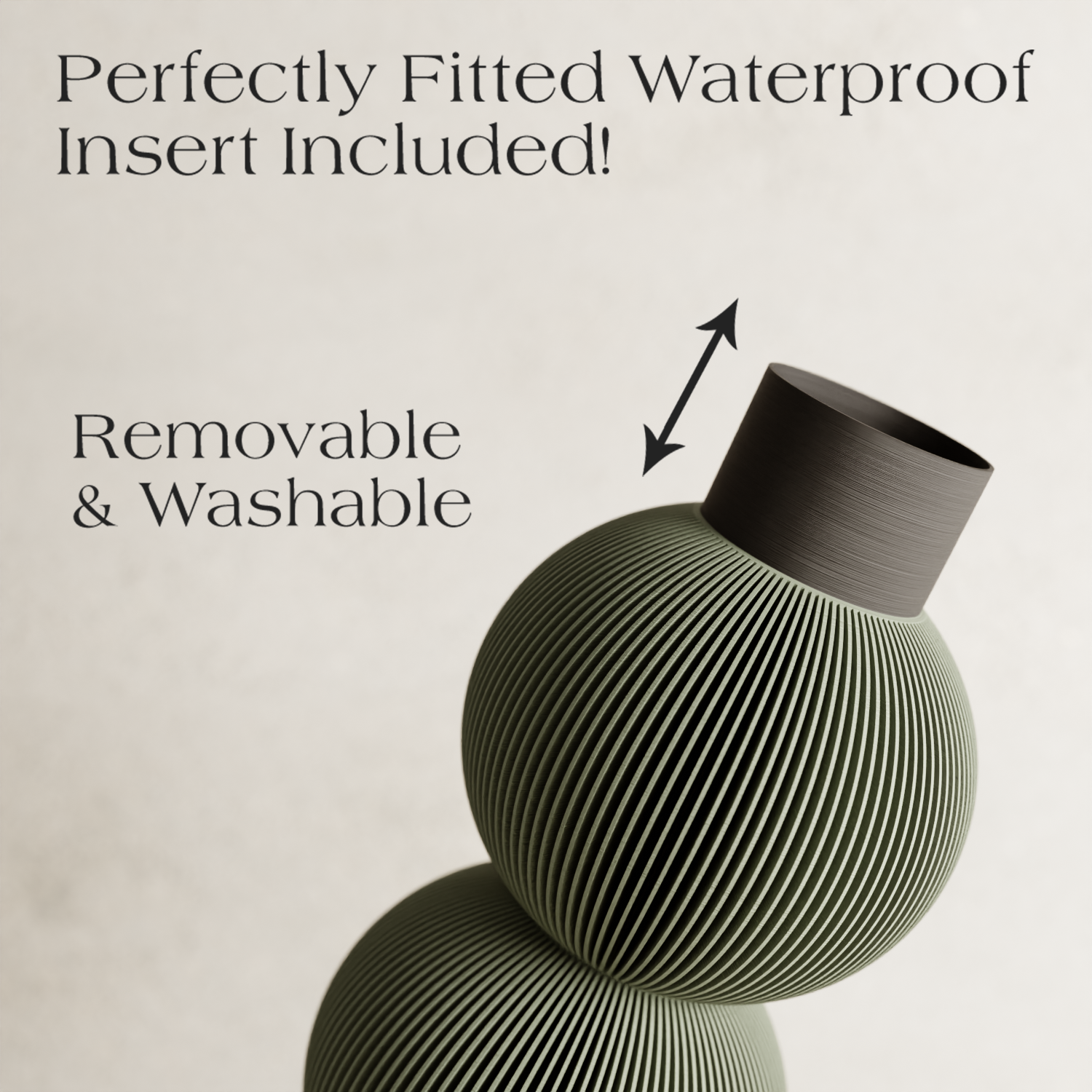 Decorative vase with text about a waterproof insert, removable, and washable feature.