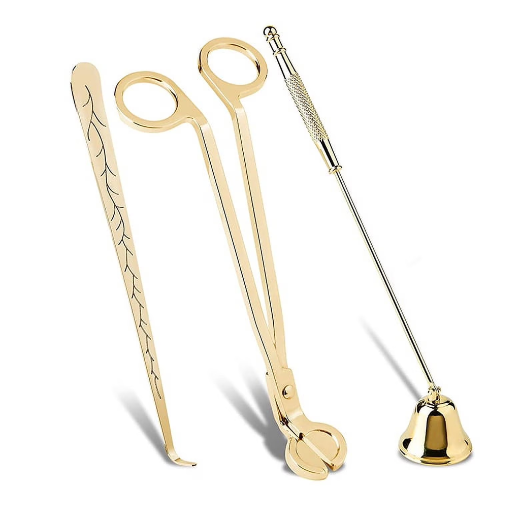 3-piece gold stainless steel candle care kit with wick trimmer, snuffer, and dipper