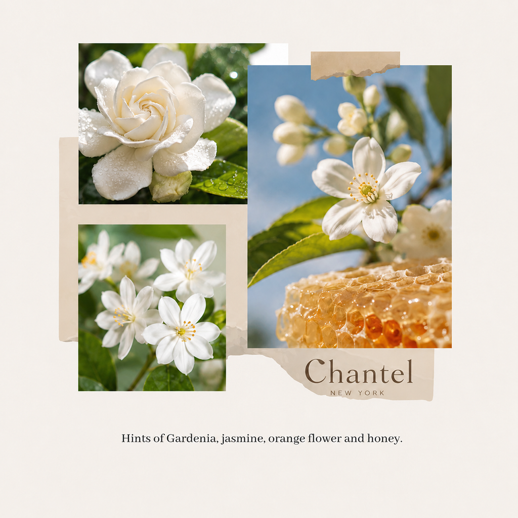 Collage of white flowers with 'Chanel' branding and product image.