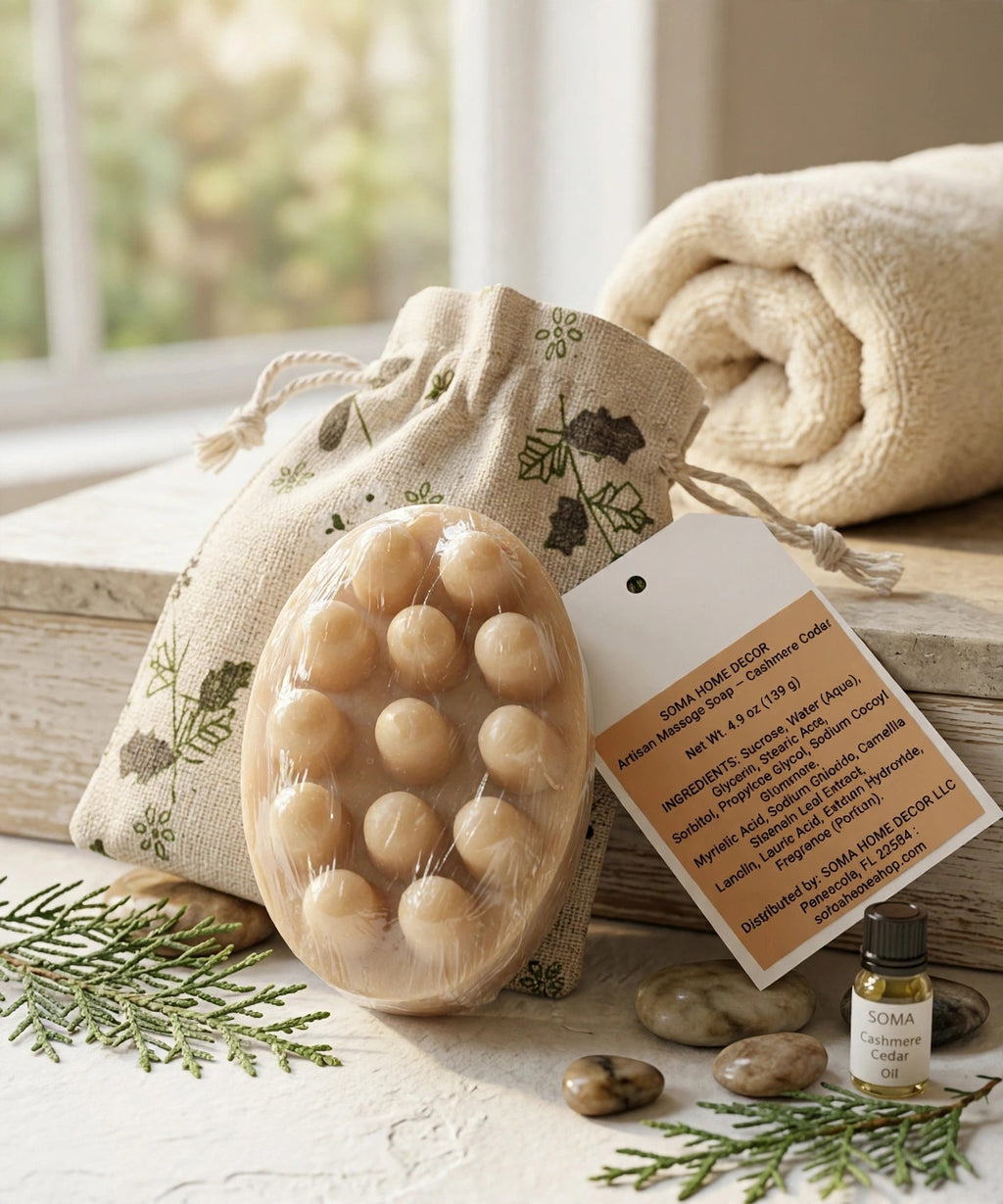 Cashmere Cedar massage soap bar in gift pouch with ingredient tag, warm beige color