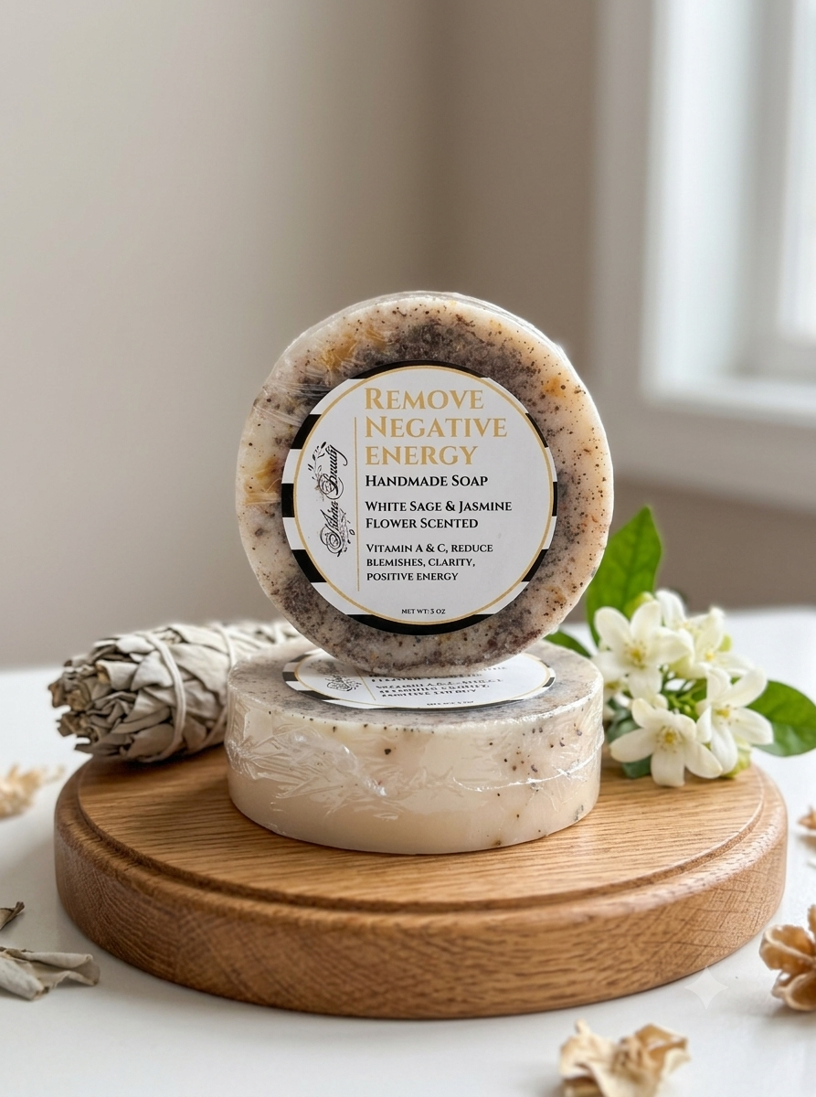 A handmade soap bar labeled 'Remove Negative Energy' displayed on a wooden stand, with a wrapped soap base, white sage, and small white flowers in a softly lit indoor setting.