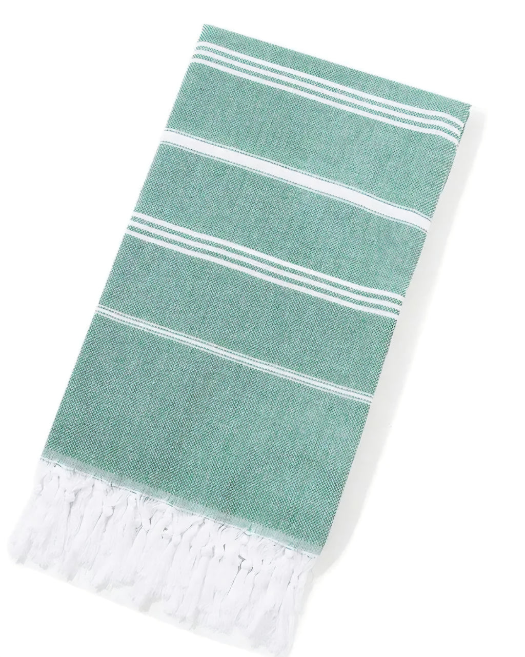 Folded mint green Turkish beach towel with white stripes and white tassels on white background