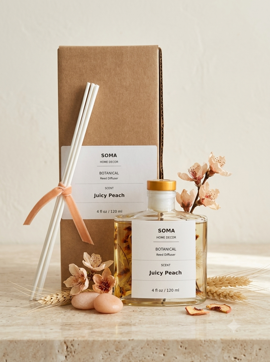 SOMA Botanical Reed Diffuser in Juicy Peach scent, featuring a clear glass bottle with amber liquid, a kraft paper box, two white reeds, and dried peach blossoms on a stone surface.
