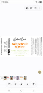 A screenshot of a product page for Wooded Creek Grapefruit & Mint Scented Foaming Hand Soap, showing the front and back of the packaging, along with a row of thumbnail images at the bottom.