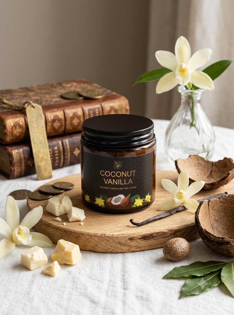 A jar of Coconut Vanilla body butter or soap sits on a wooden board surrounded by vanilla flowers, wax pieces, a vanilla bean, and old books in a styled tabletop setting.