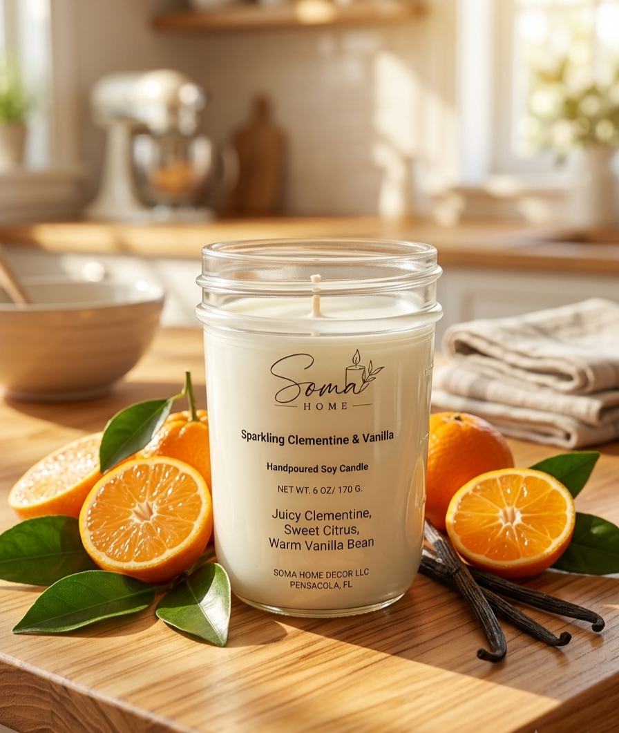 A handcrafted soy candle by SoMa Home Decor in a clear glass jar, labeled 'Sparkling Clementine & Vanilla'. The candle is styled on a wooden cutting board with fresh orange halves, green leaves, vanilla beans, and a warm, softly blurred kitchen background.