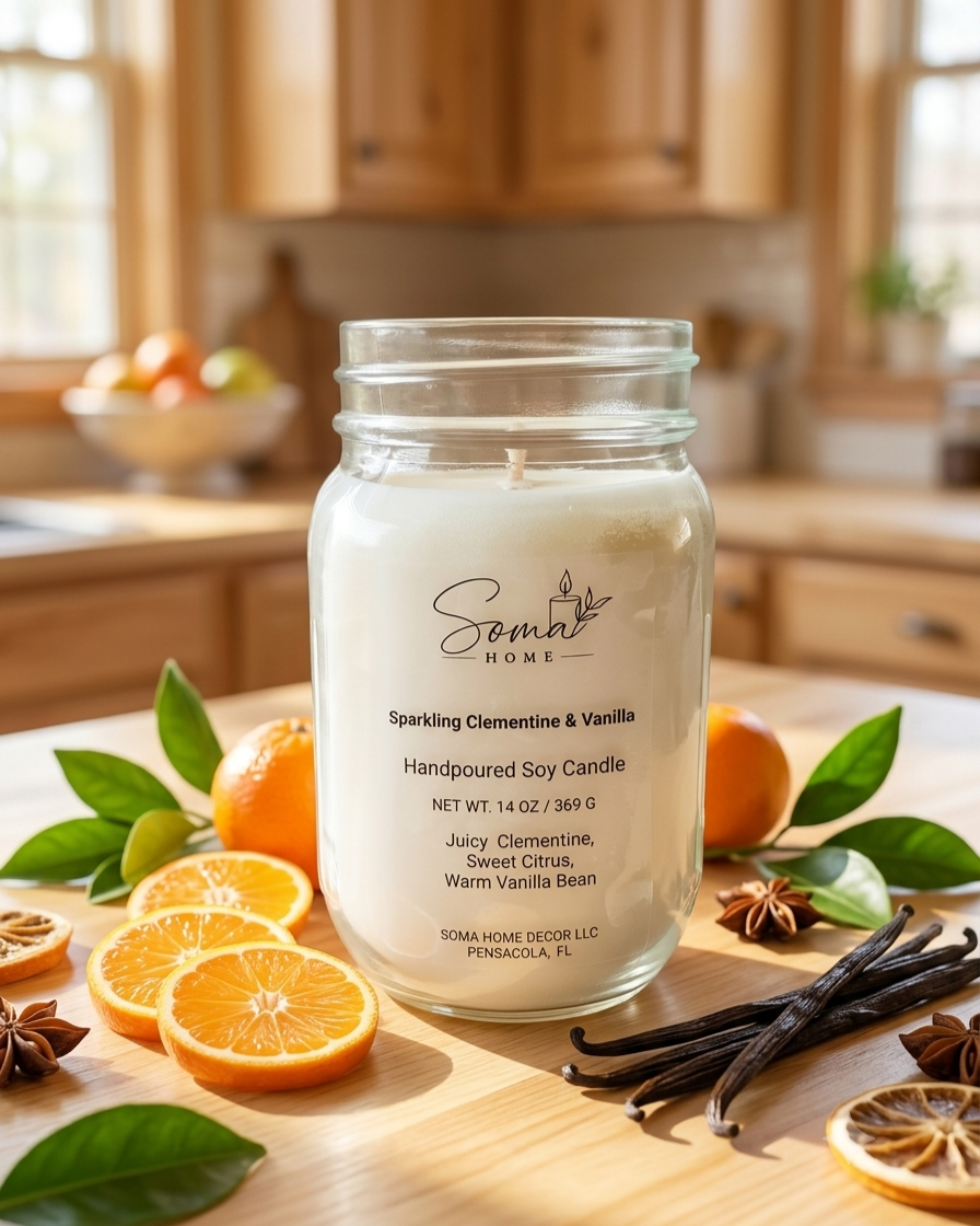 A handpoured soy candle in a clear glass jar sits on a wooden countertop in a warm kitchen setting, surrounded by citrus slices, vanilla beans, and star anise. The label reads 'Somat Home' and 'Sparkling Clementine & Vanilla'.