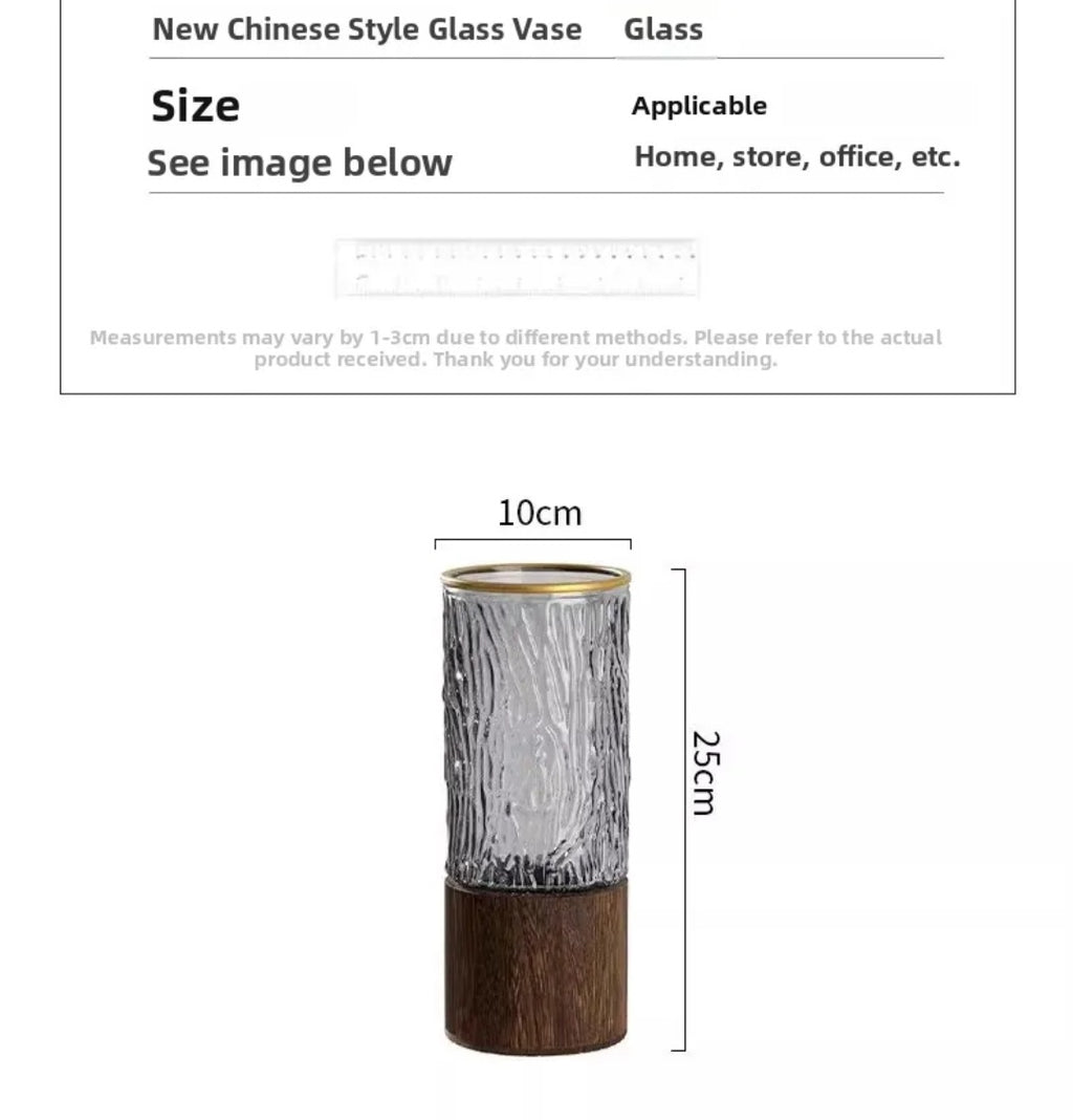 Textured glass vase on wooden base dimensions: 25 cm tall, 10 cm wide