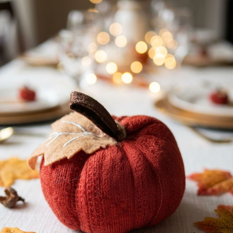 Cozy Knit Fabric Pumpkins – Handcrafted Autumn & Thanksgiving Tabletop Decor - detail view