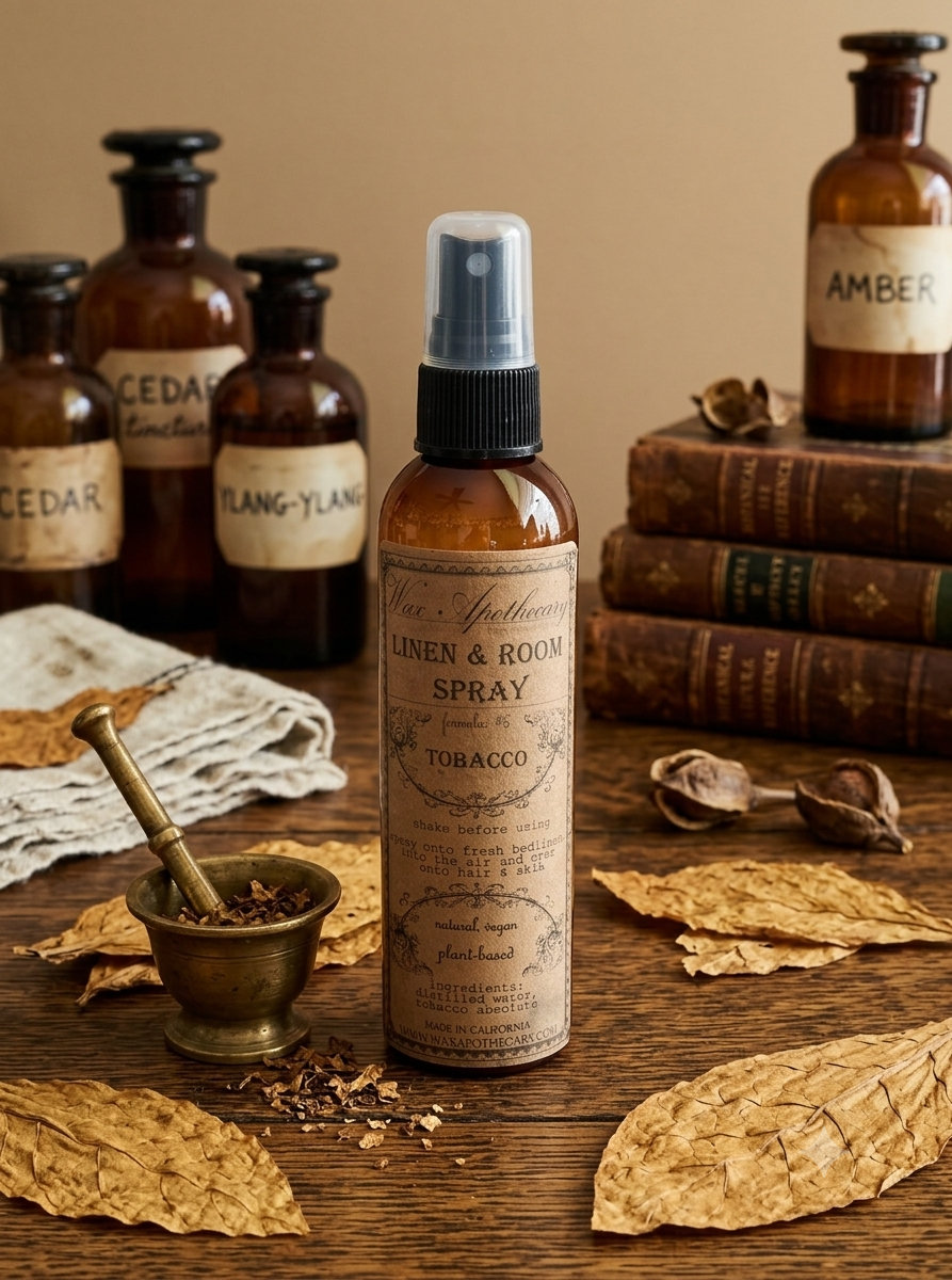 A bottle of Tobacco Linen & Room Spray stands on a wooden table surrounded by dried tobacco leaves, a brass mortar and pestle, and vintage-style amber apothecary bottles with labels such as Cedar, Tang-Yang, and Amber.