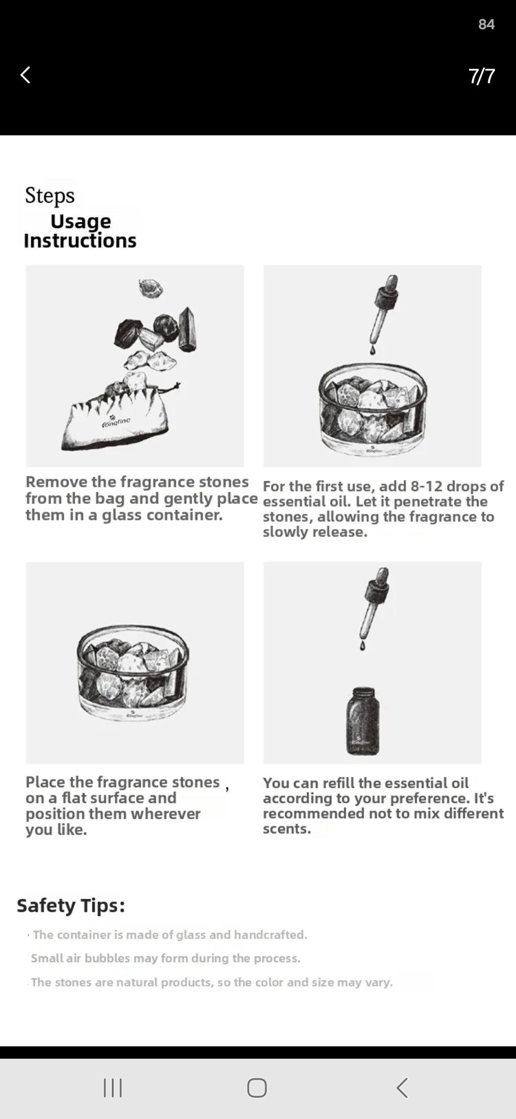 A screenshot of a product usage instructions page showing step-by-step guidance for placing fragrance stones and adding essential oil drops in a glass container, with safety tips below.