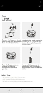 A screenshot of a product usage instructions page showing step-by-step guidance for placing fragrance stones and adding essential oil drops in a glass container, with safety tips below.