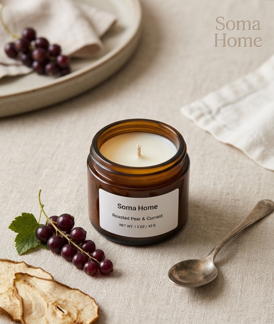 An amber glass jar candle with a white label reading 'Soma Home' and 'Roasted Pear & Currant' is styled on a beige linen surface with a spoon, grapes, dried apple slices, and a plate in the background. The Soma Home brand name appears in the top right.