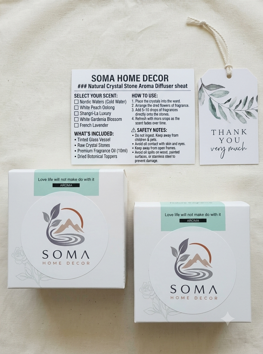 Soma Home Decor natural crystal stone diffuser sheet set, showing the product box, a usage instruction card, and a thank you tag on a textured white fabric background.