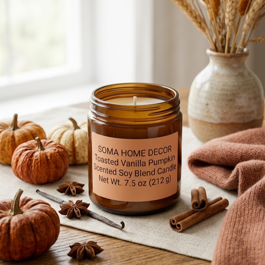 Hand-poured Toasted Vanilla Pumpkin scented soy blend candle in an amber glass jar with black lid on a rustic wooden table with fall pumpkins.