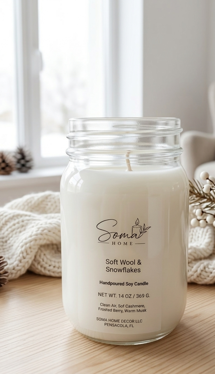 A handpoured soy candle in a clear glass mason jar sits on a light wood surface near a window. The label reads 'Soma Home' and 'Soft Wool & Snowflakes.
