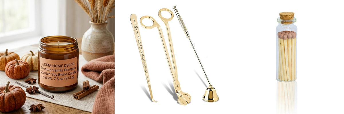 Candle Ritual Set - soy candle with gold wick trimmer kit and decorative matches gift set