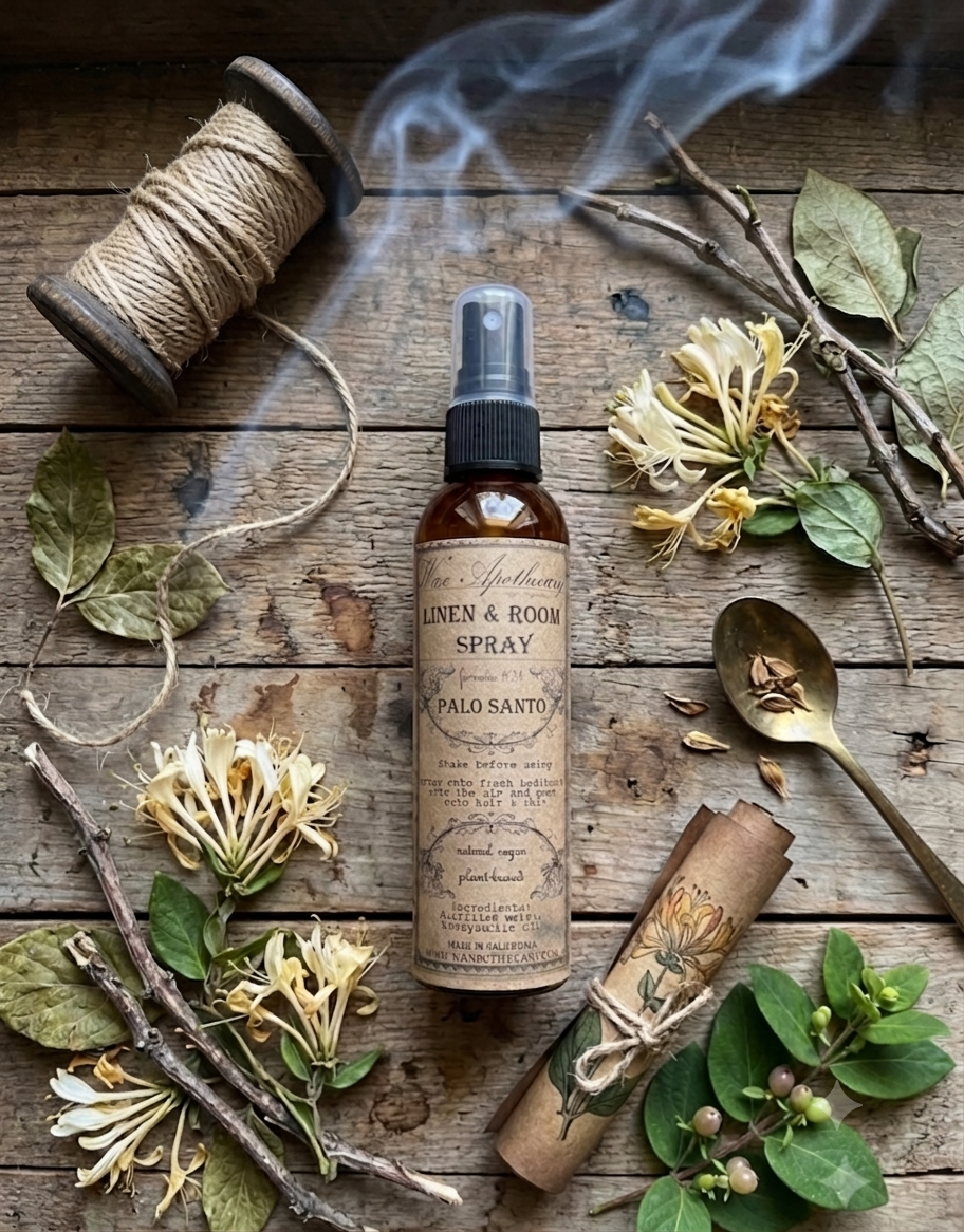 A bottle of Aldo Santo Linen & Room Spray stands on a rustic wooden surface surrounded by natural props including dried flowers, twine, branches, a spoon, and a rolled paper scroll. Smoke curls around the bottle, and the label is clearly visible.