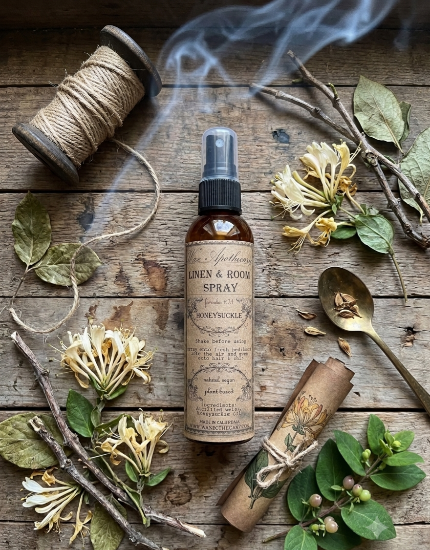 A bottle of Honeybloom Linen & Room Spray is styled in a rustic flat-lay on weathered wood, surrounded by honeybloom flowers, dried leaves, a spool of twine, a gold spoon, and a rolled parchment scroll.