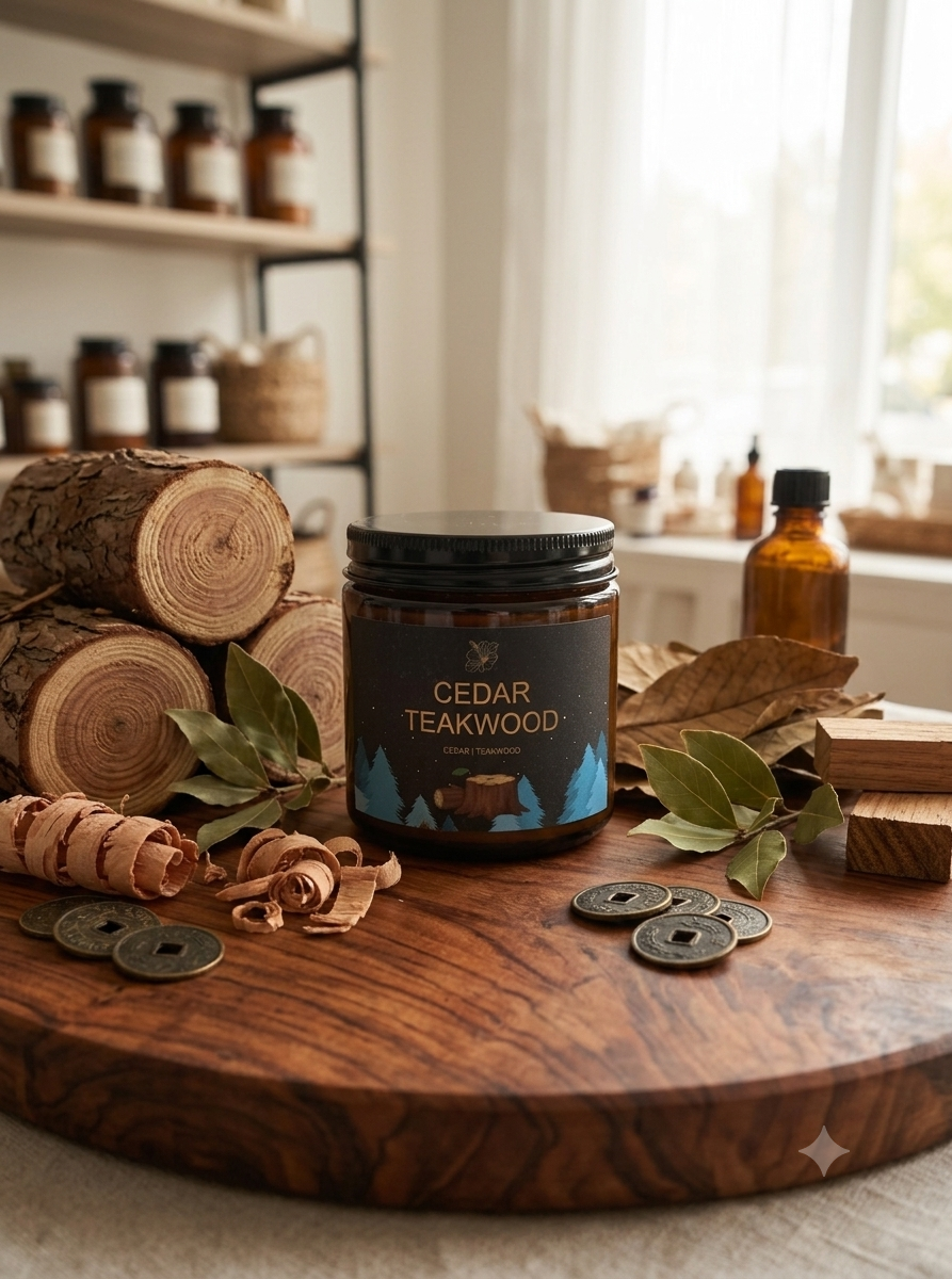 A jar of Cedar Teakwood scented candle sits on a rustic wooden board, surrounded by wood logs, dried leaves, and small metal coins, with shelves of bottles in the softly lit background.