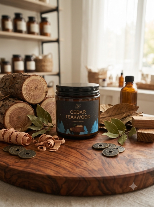 A jar of Cedar Teakwood scented candle sits on a rustic wooden board, surrounded by wood logs, dried leaves, and small metal coins, with shelves of bottles in the softly lit background.