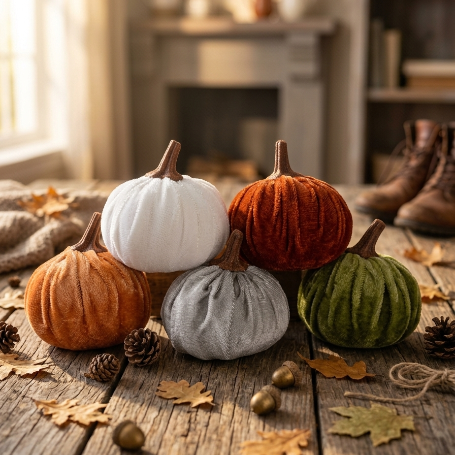 Set of five handcrafted 3-inch velvet pumpkins in cozy autumn colors styled on a rustic wooden table by the fireplace