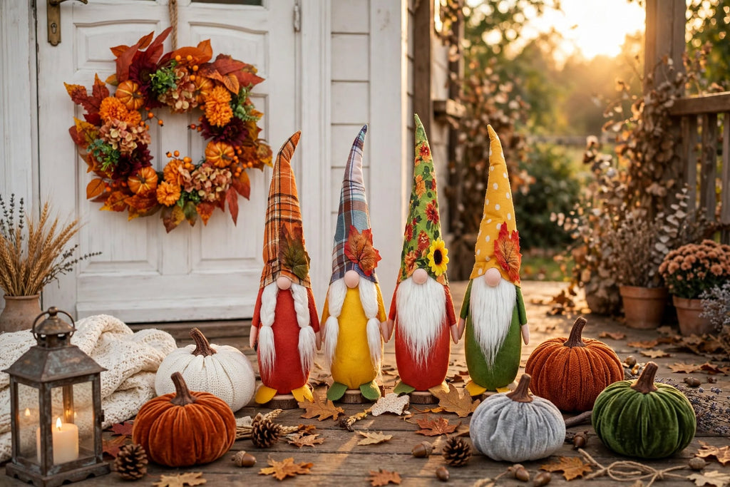 Harvest Home fall decor set: autumn wreath, four plush gnomes and velvet pumpkins on a porch at sunset