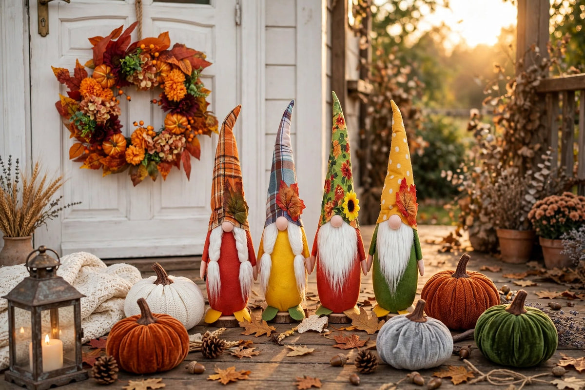 Harvest Home fall decor set: autumn wreath, four plush gnomes and velvet pumpkins on a porch at sunset