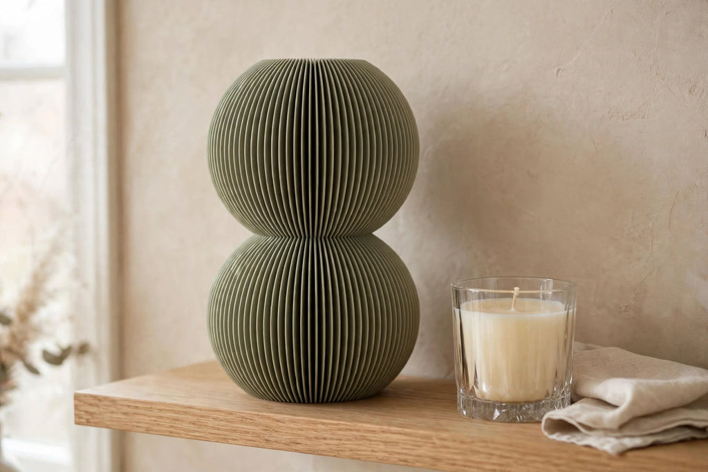 Muted green double bubble ribbed vase on a wooden shelf beside an unlit candle